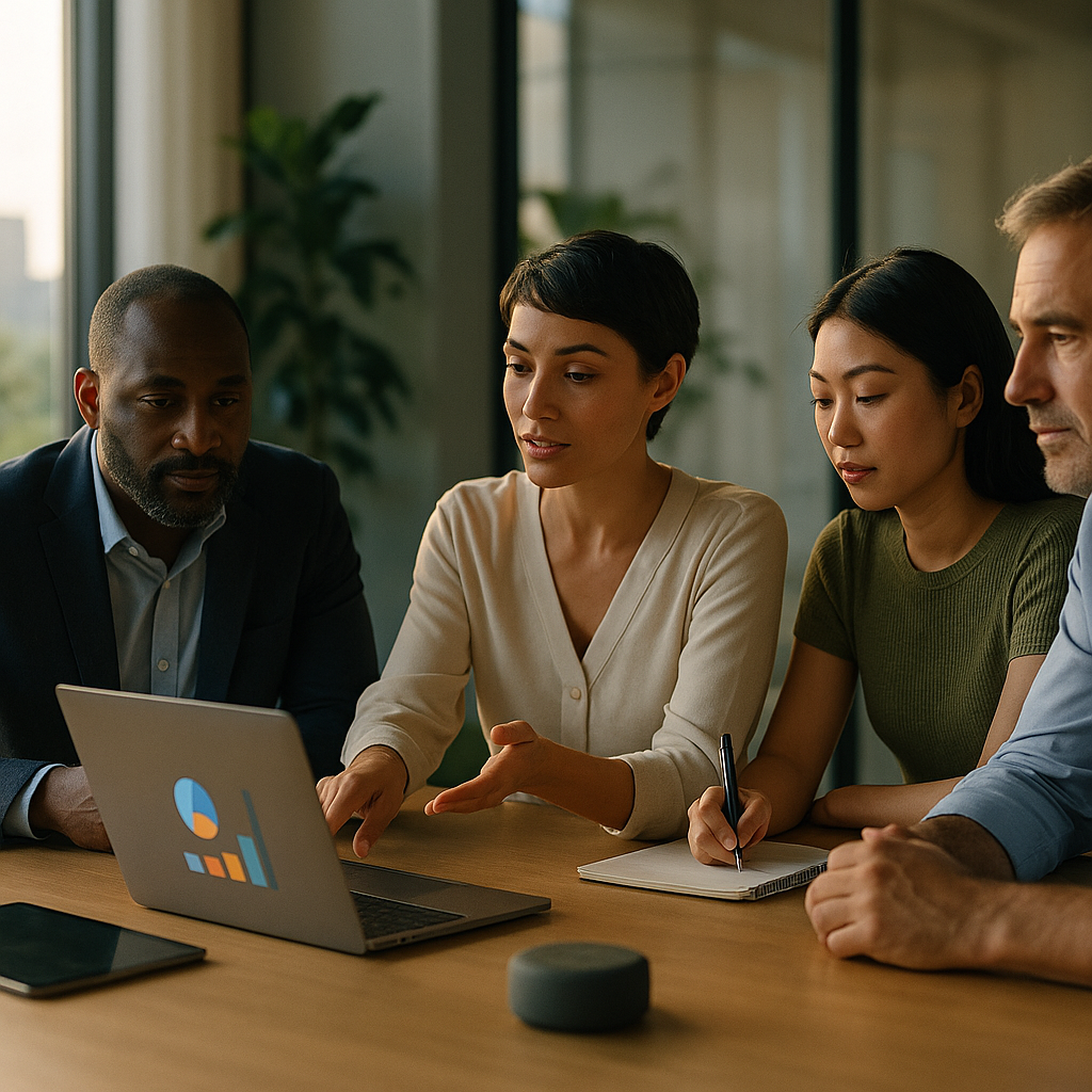 Une équipe de professionnels travaillant sur des ordinateurs avec des icônes d'intelligence artificielle flottant au-dessus, symbolisant l'expertise d'une agence IA pour les PME.