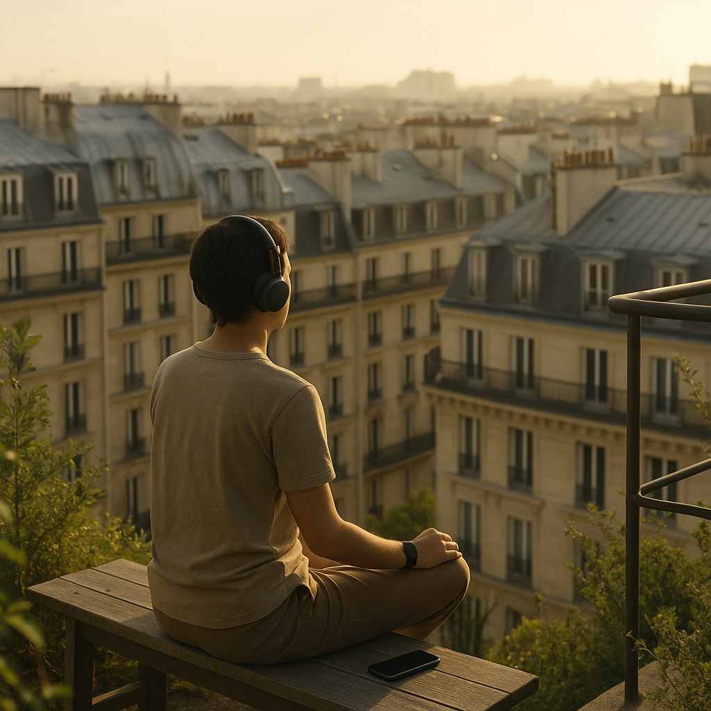 Une personne sereine utilisant une interface numérique apaisante, symbolisant la santé mentale et l'IA