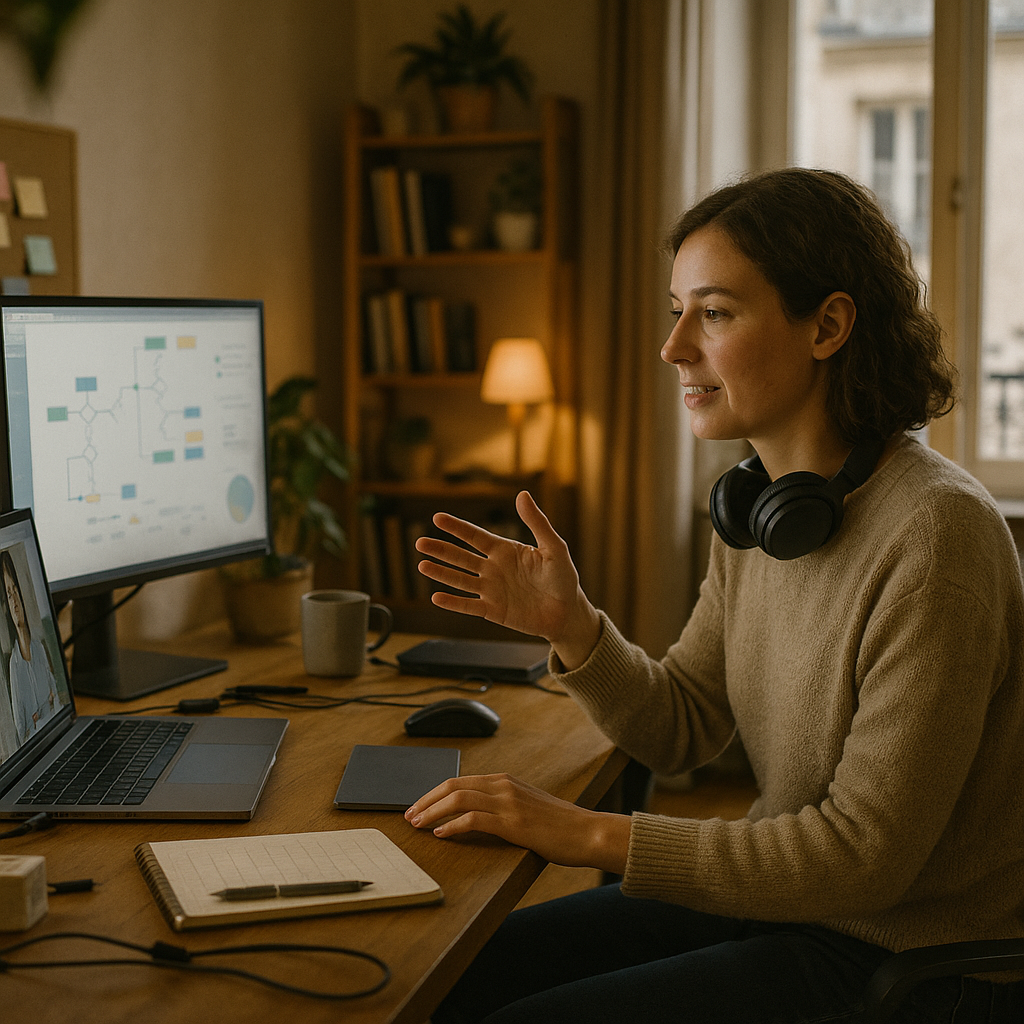 Une femme souriante utilisant une tablette pour interagir avec un coach IA, avec des graphiques de performance en arrière-plan, symbolisant le coaching automatisé en entreprise.