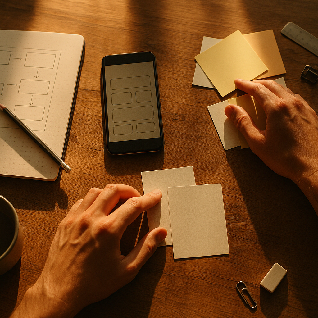 Une personne sereine utilisant un appareil numérique avec une interface épurée, symbolisant la réduction de la fatigue décisionnelle