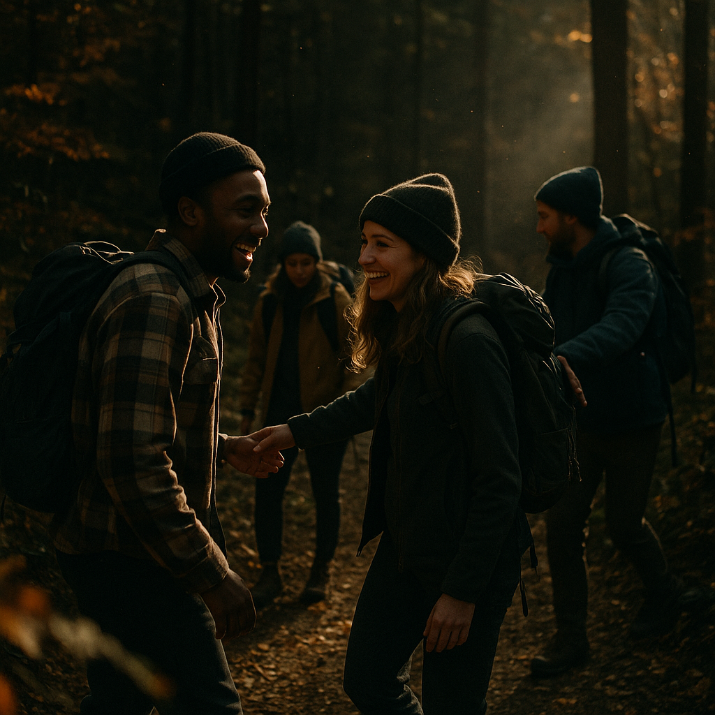 Group Of Friends Hiking On A Trail Cand