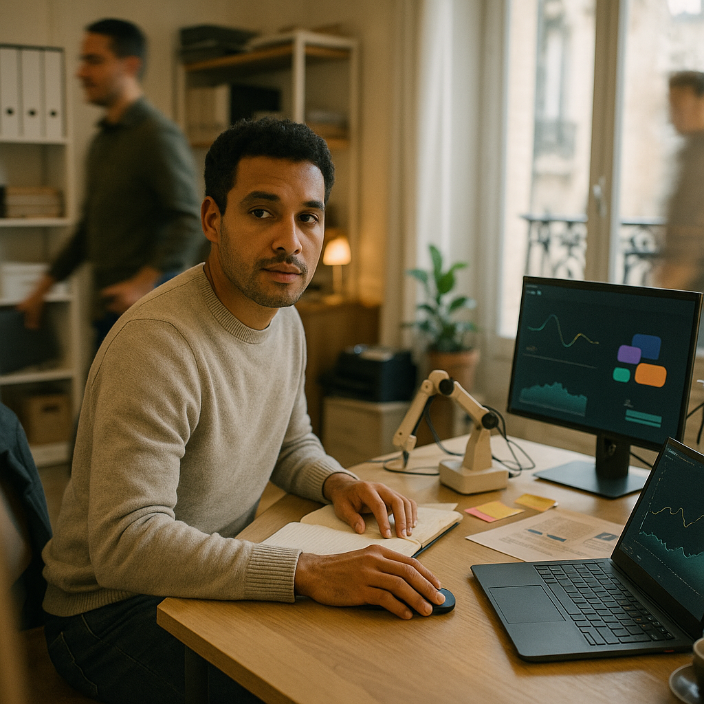 Une équipe d'employés collaborant autour d'un tableau blanc numérique, avec des éléments d'interface IA superposés, symbolisant l'intégration du coaching IA en entreprise.