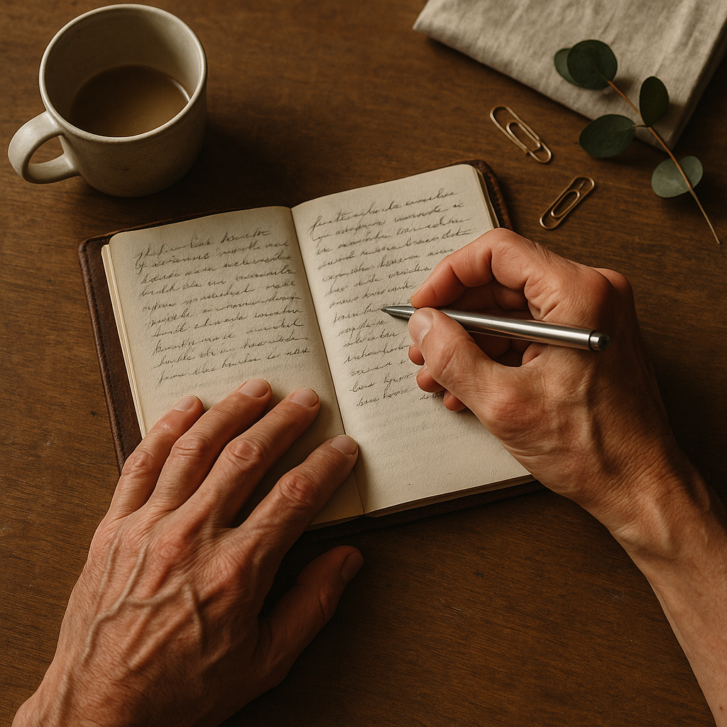 Close Up Of Weathered Hands Writing In A