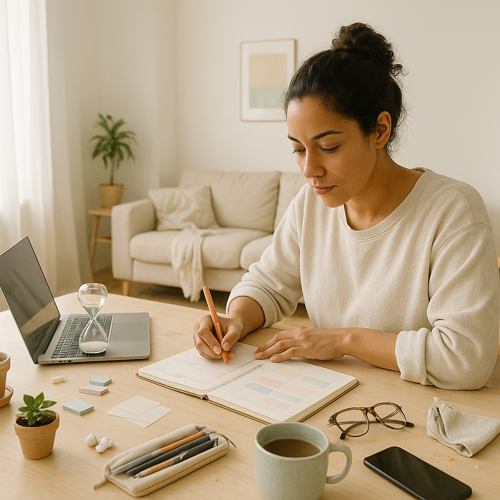 Vue aérienne d'un bureau organisé avec un ordinateur portable, un cahier et une tasse de café, symbolisant la productivité et l'organisation.