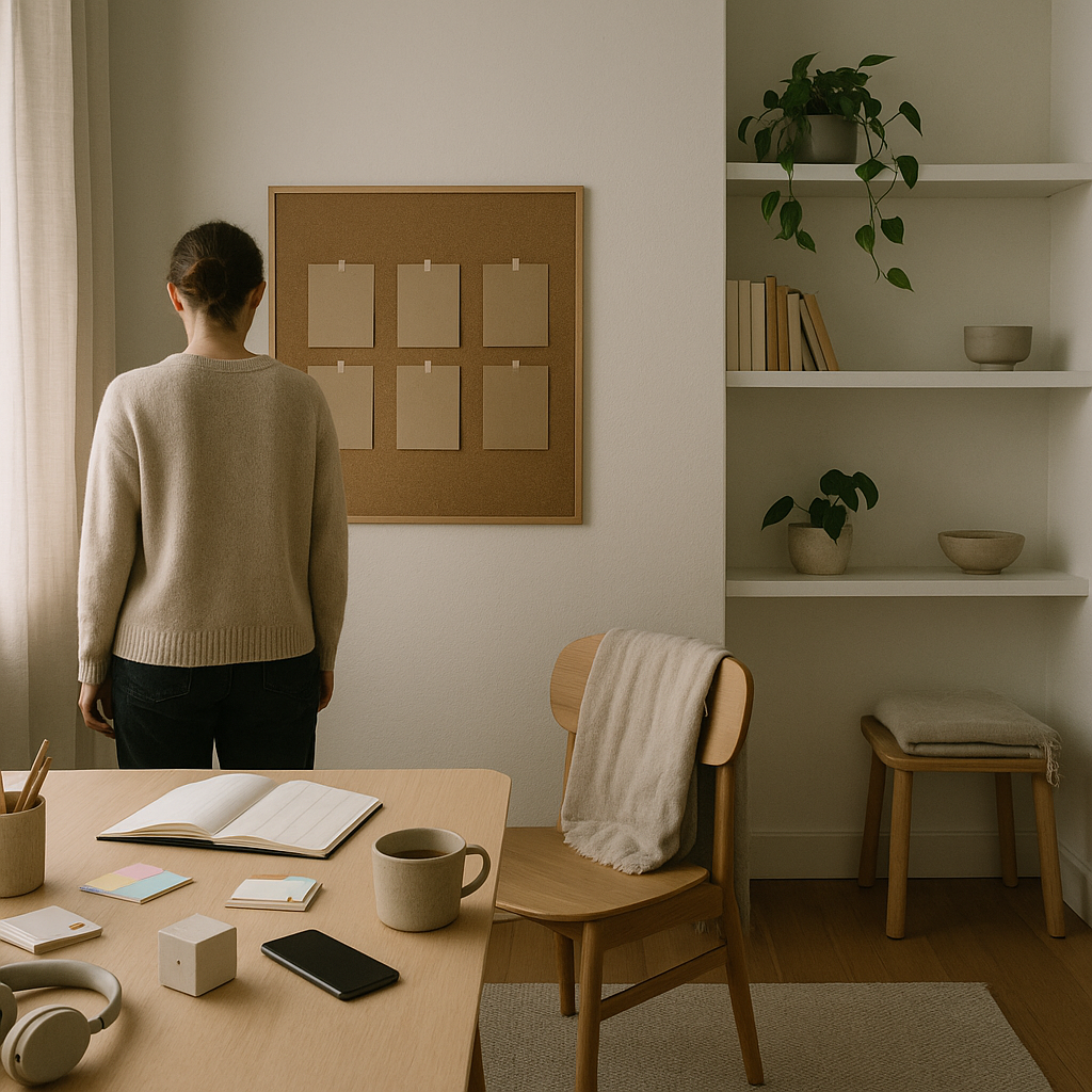 Vue de dessus d'un bureau organisé avec un ordinateur portable, un carnet et une tasse de café, symbolisant la productivité et la personnalisation