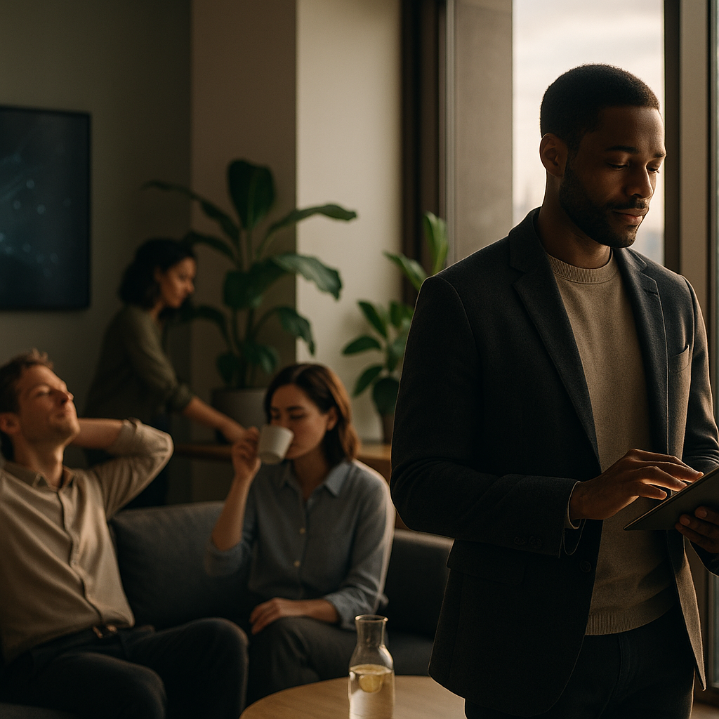 Une femme souriante utilisant un ordinateur portable dans un bureau moderne et lumineux, symbolisant l'intégration de l'IA pour le bien-être au travail.